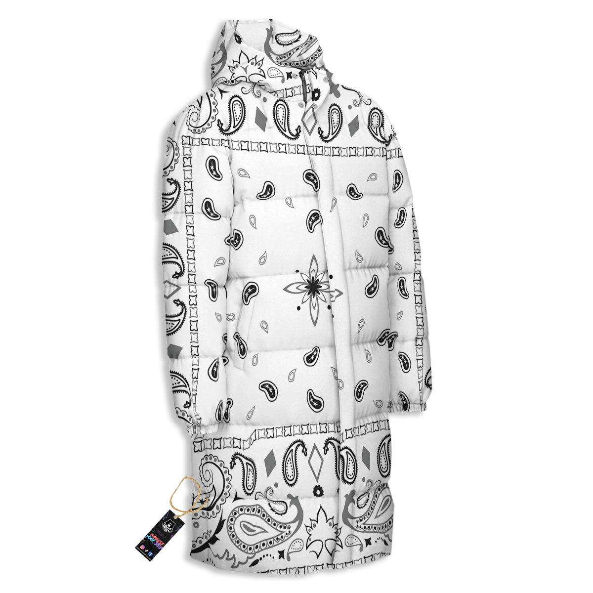 Paisley Bandana White And Black Print Long Down Jacket