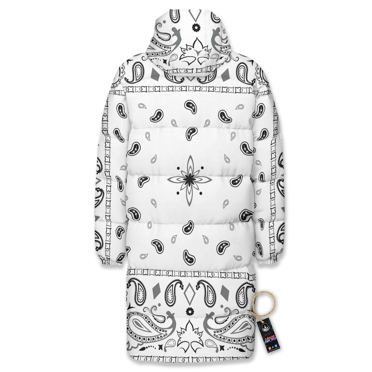 Paisley Bandana White And Black Print Long Down Jacket