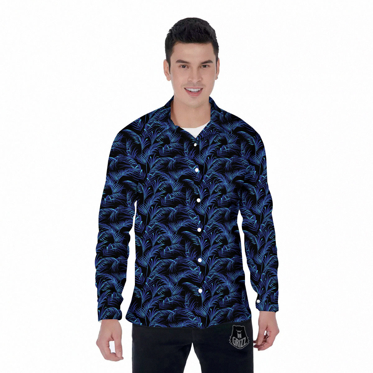 Palm Leaf Dark Tropical Print Pattern Men's Long Sleeve Shirts-grizzshop