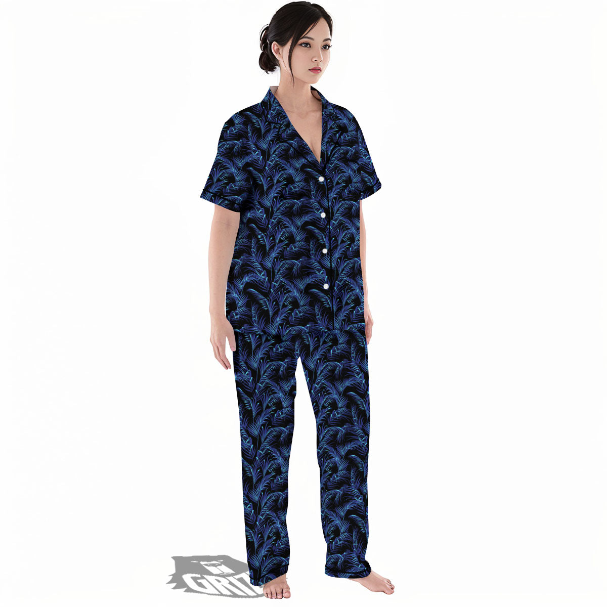 Palm Leaf Dark Tropical Print Pattern Women's Pajamas Set-grizzshop