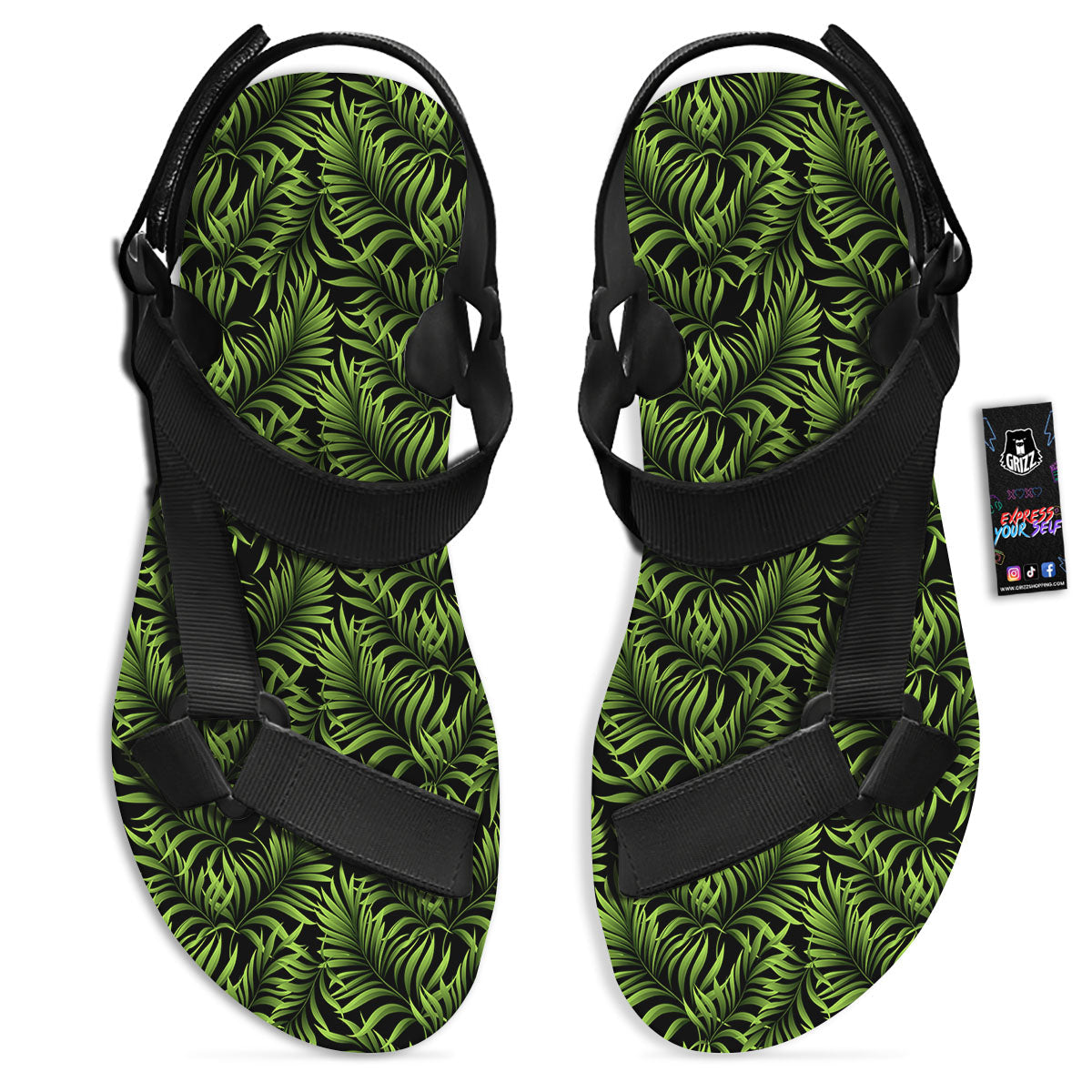 Palm Leaf Green Tropical Print Pattern Black Open Toe Sandals-grizzshop