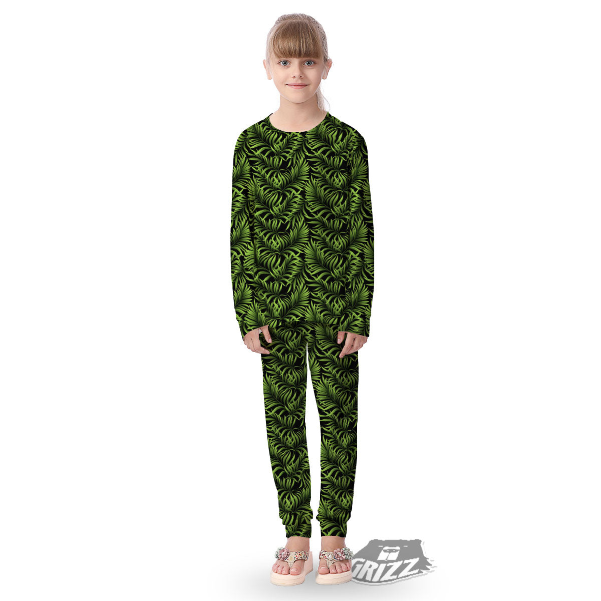 Palm Leaf Green Tropical Print Pattern Kid's Pajamas-grizzshop