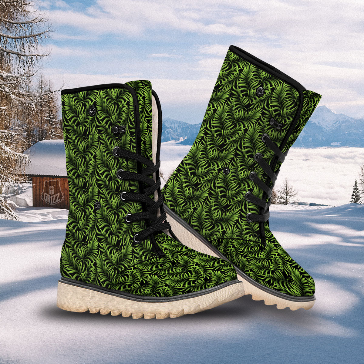 Palm Leaf Green Tropical Print Pattern Snow Boots-grizzshop