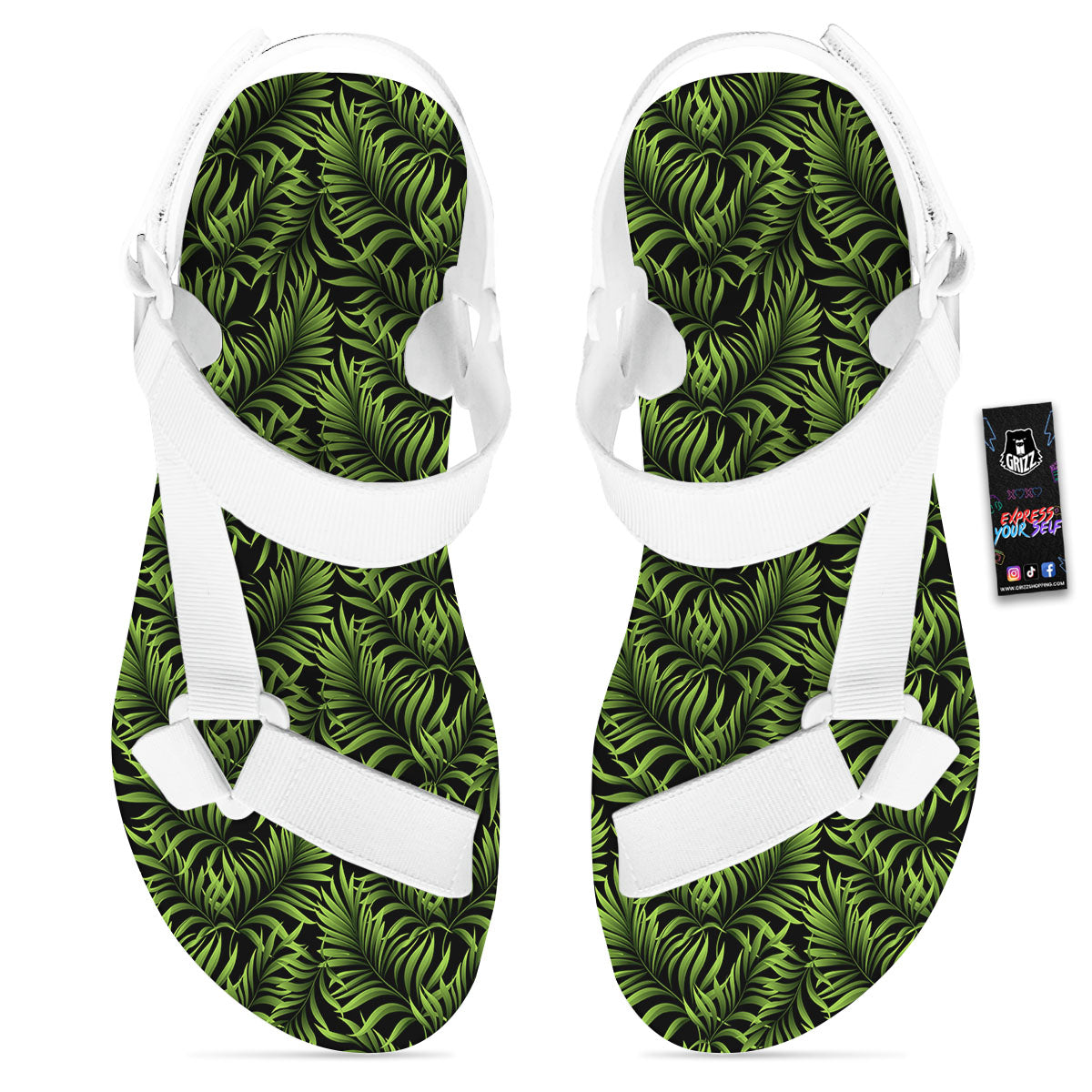 Palm Leaf Green Tropical Print Pattern White Open Toe Sandals-grizzshop