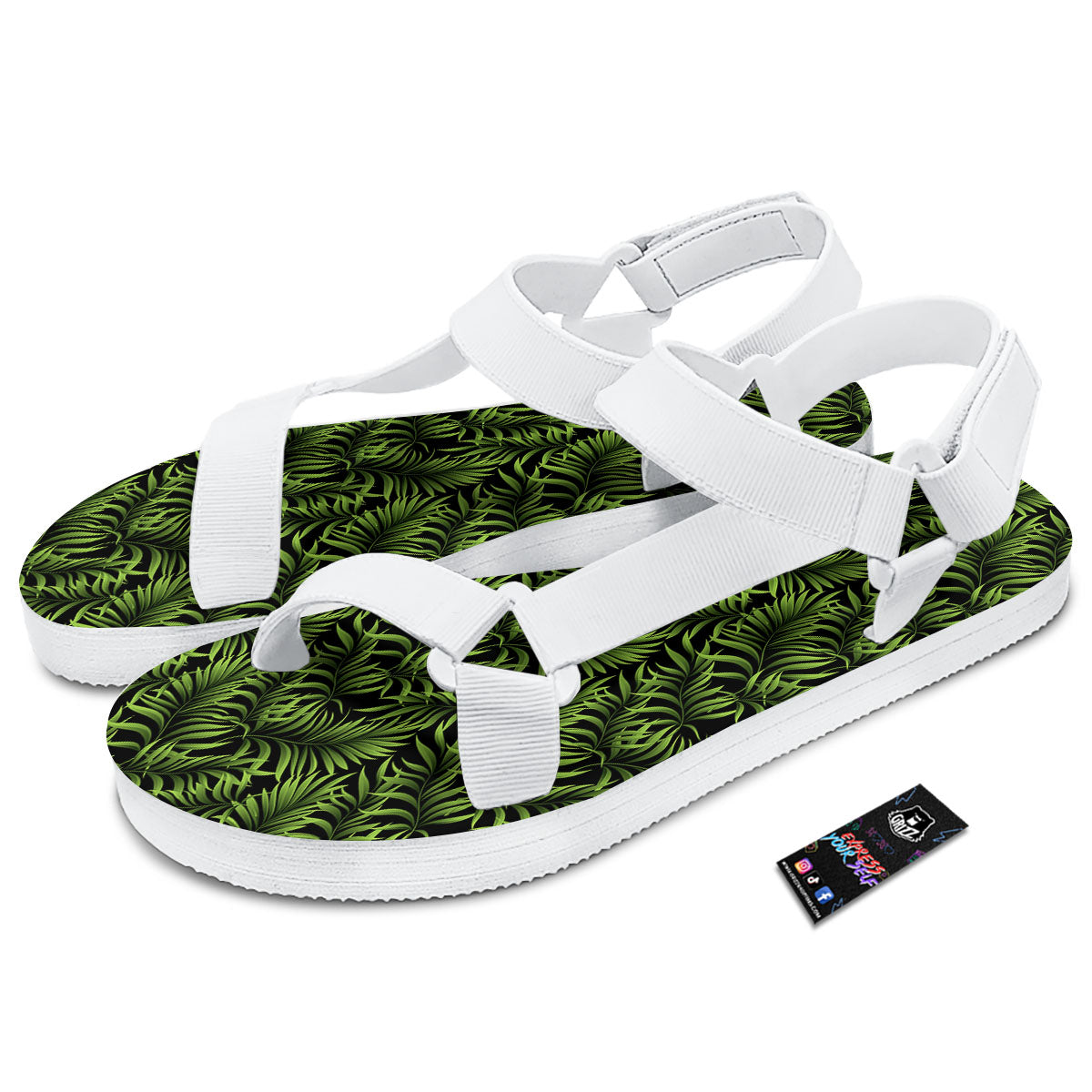 Palm Leaf Green Tropical Print Pattern White Open Toe Sandals-grizzshop