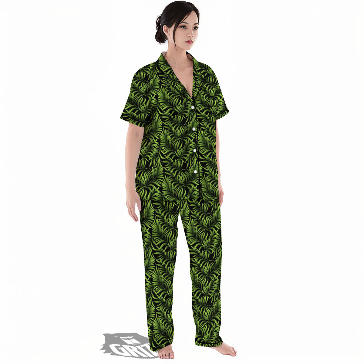 Palm Leaf Green Tropical Print Pattern Women's Pajamas Set-grizzshop
