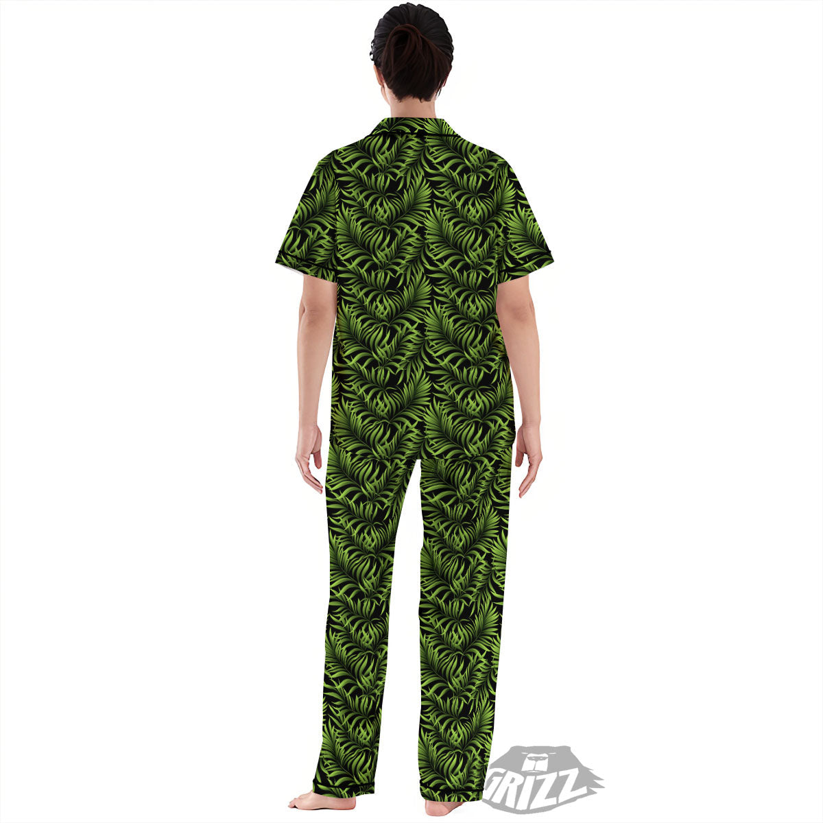 Palm Leaf Green Tropical Print Pattern Women's Pajamas Set-grizzshop