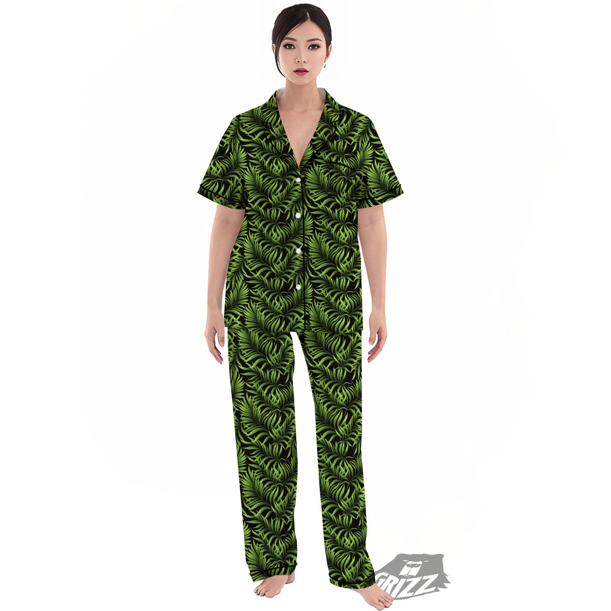 Palm Leaf Green Tropical Print Pattern Women's Pajamas Set-grizzshop