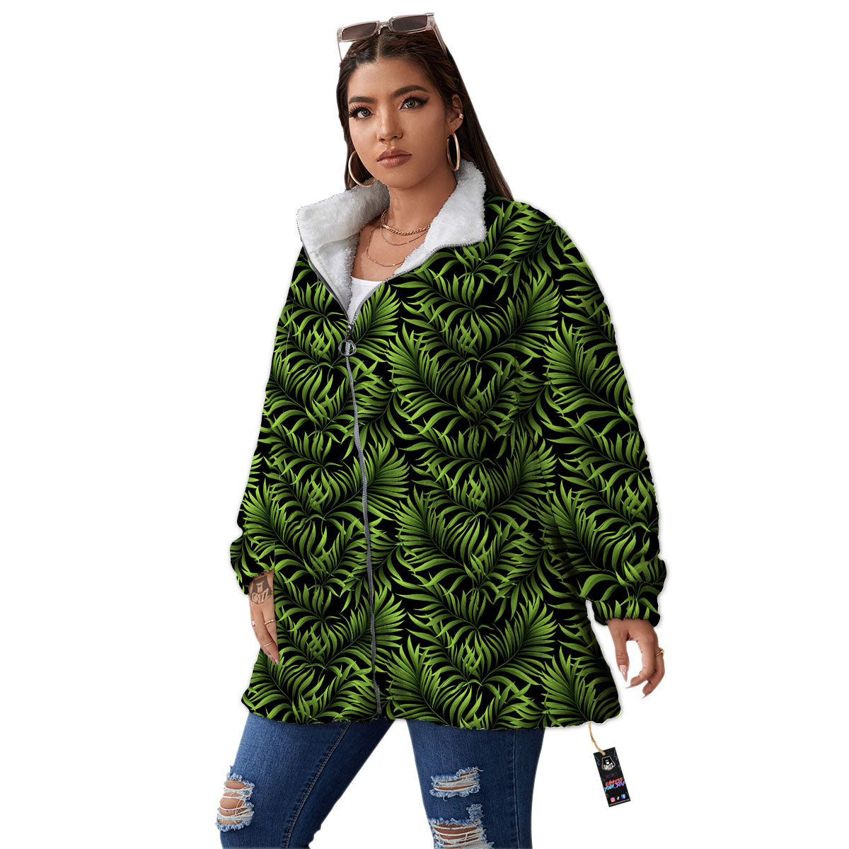 Palm Leaf Green Tropical Print Pattern Women's Sherpa Jacket-grizzshop