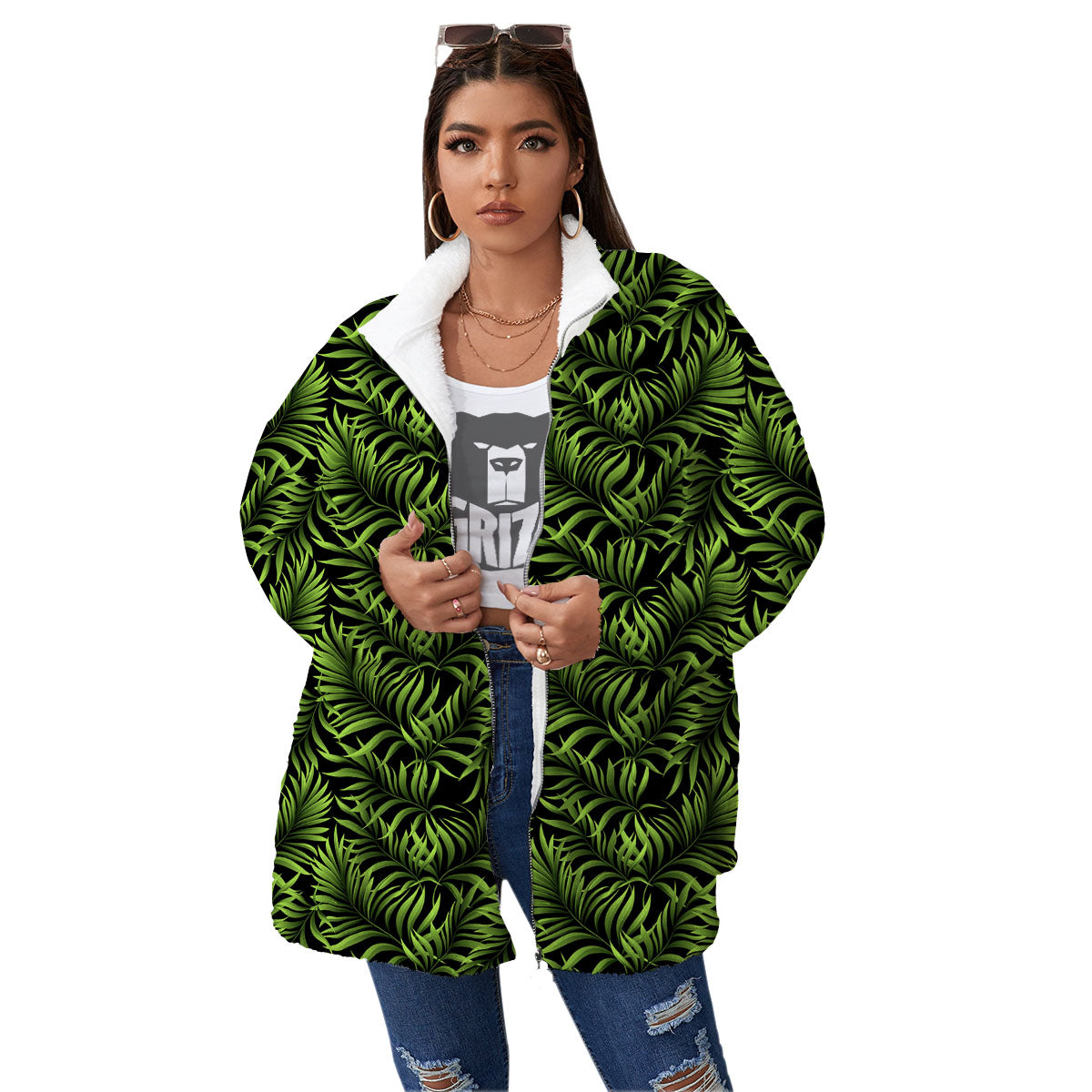 Palm Leaf Green Tropical Print Pattern Women's Sherpa Jacket-grizzshop