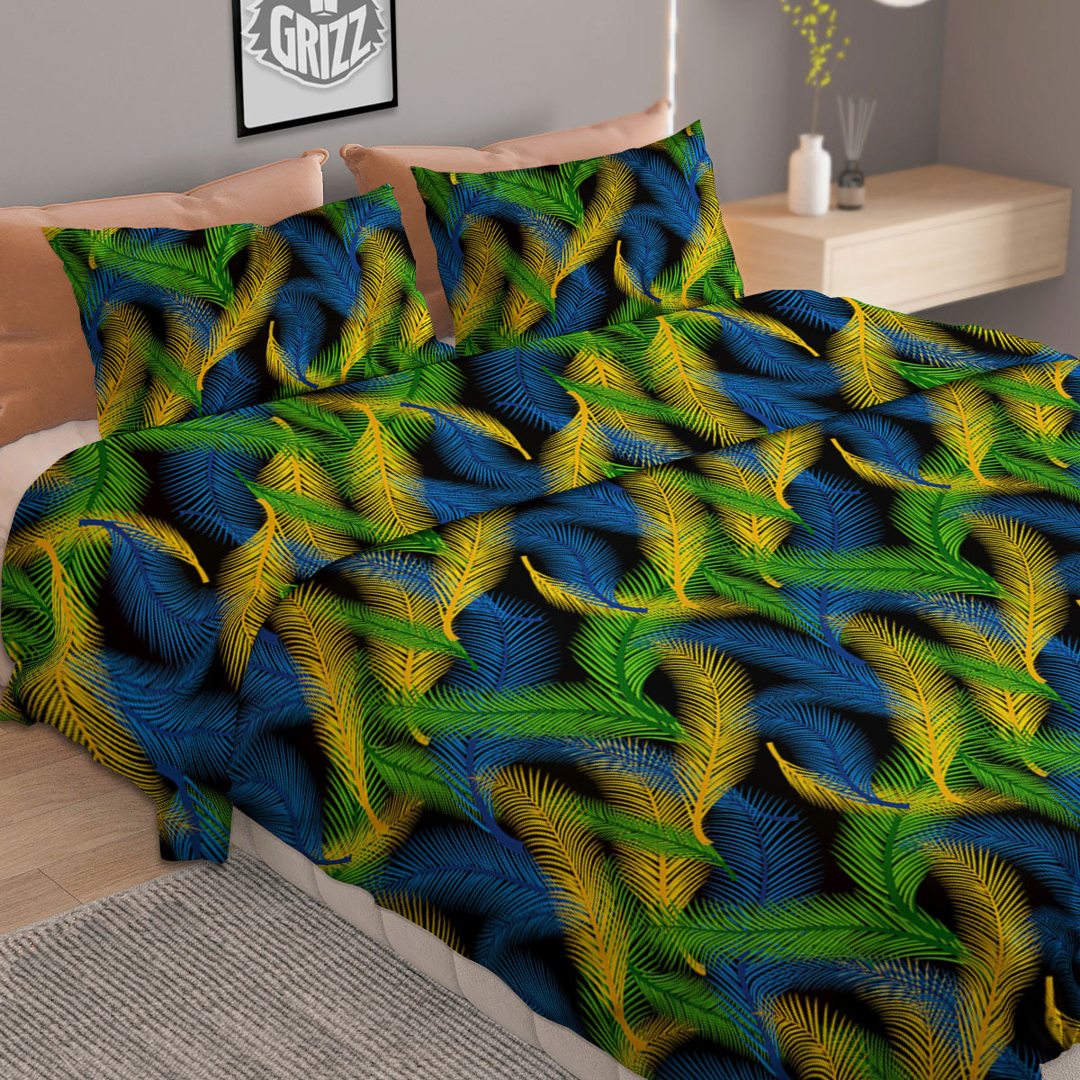 Palm Leaf Mardi Gras Print Pattern Duvet Cover Bedding Set