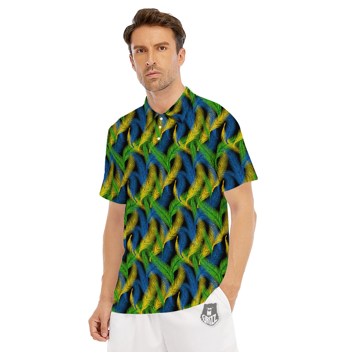 Palm Leaf Mardi Gras Print Pattern Men's Golf Shirts-grizzshop