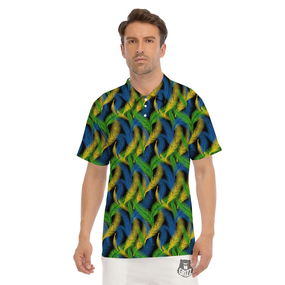 Palm Leaf Mardi Gras Print Pattern Men's Golf Shirts-grizzshop