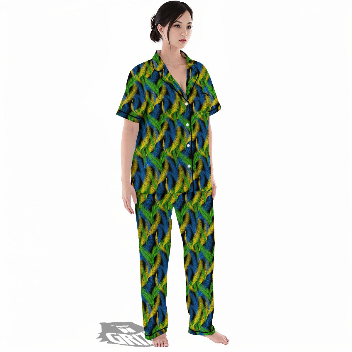 Palm Leaf Mardi Gras Print Pattern Women's Pajamas Set-grizzshop
