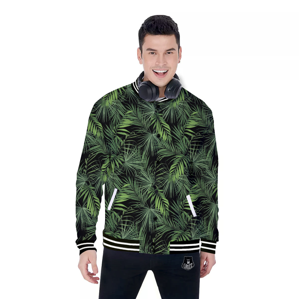 Palm Leaf Night Tropical Print Pattern Baseball Jacket-grizzshop