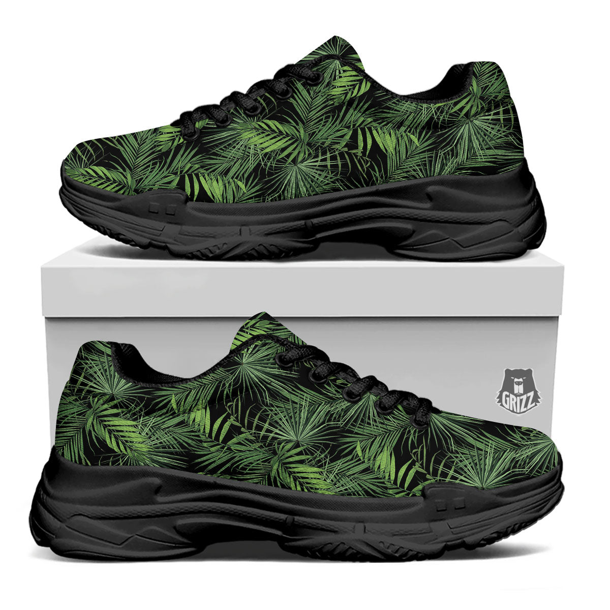 Palm Leaf Night Tropical Print Pattern Black Chunky Shoes-grizzshop