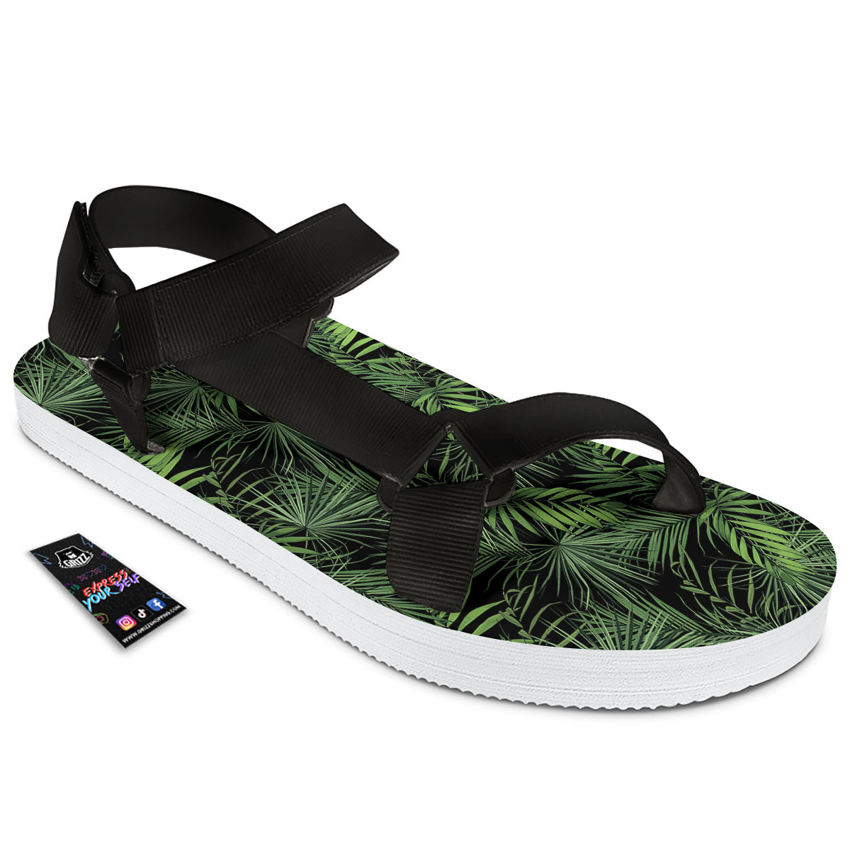 Palm Leaf Night Tropical Print Pattern Black Open Toe Sandals-grizzshop