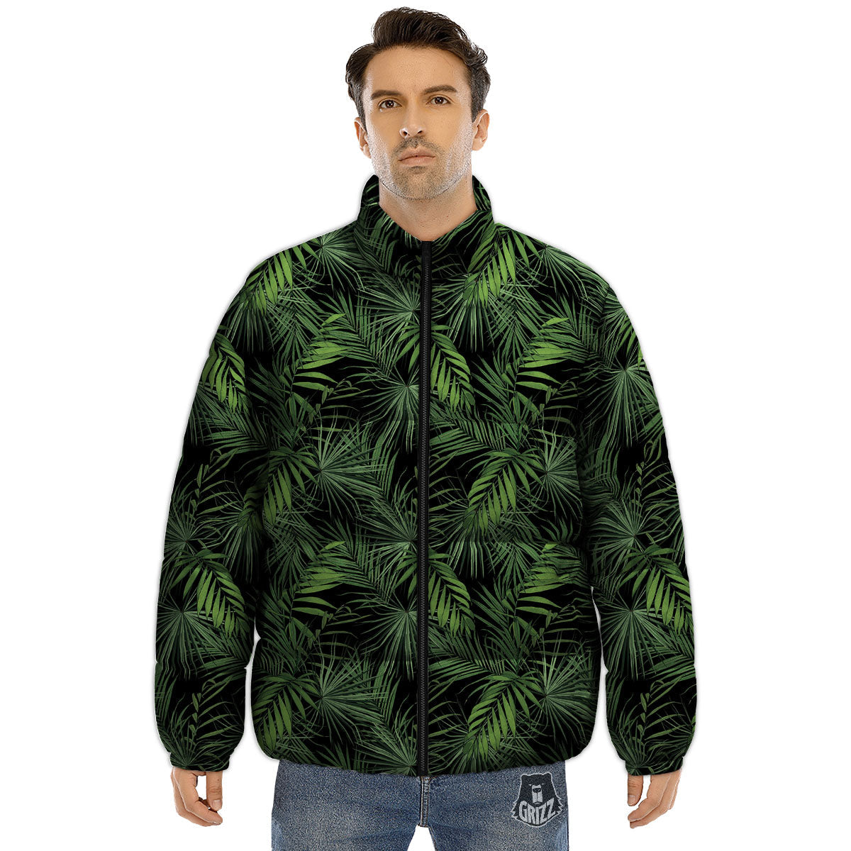 Palm Leaf Night Tropical Print Pattern Puffer Jacket-grizzshop