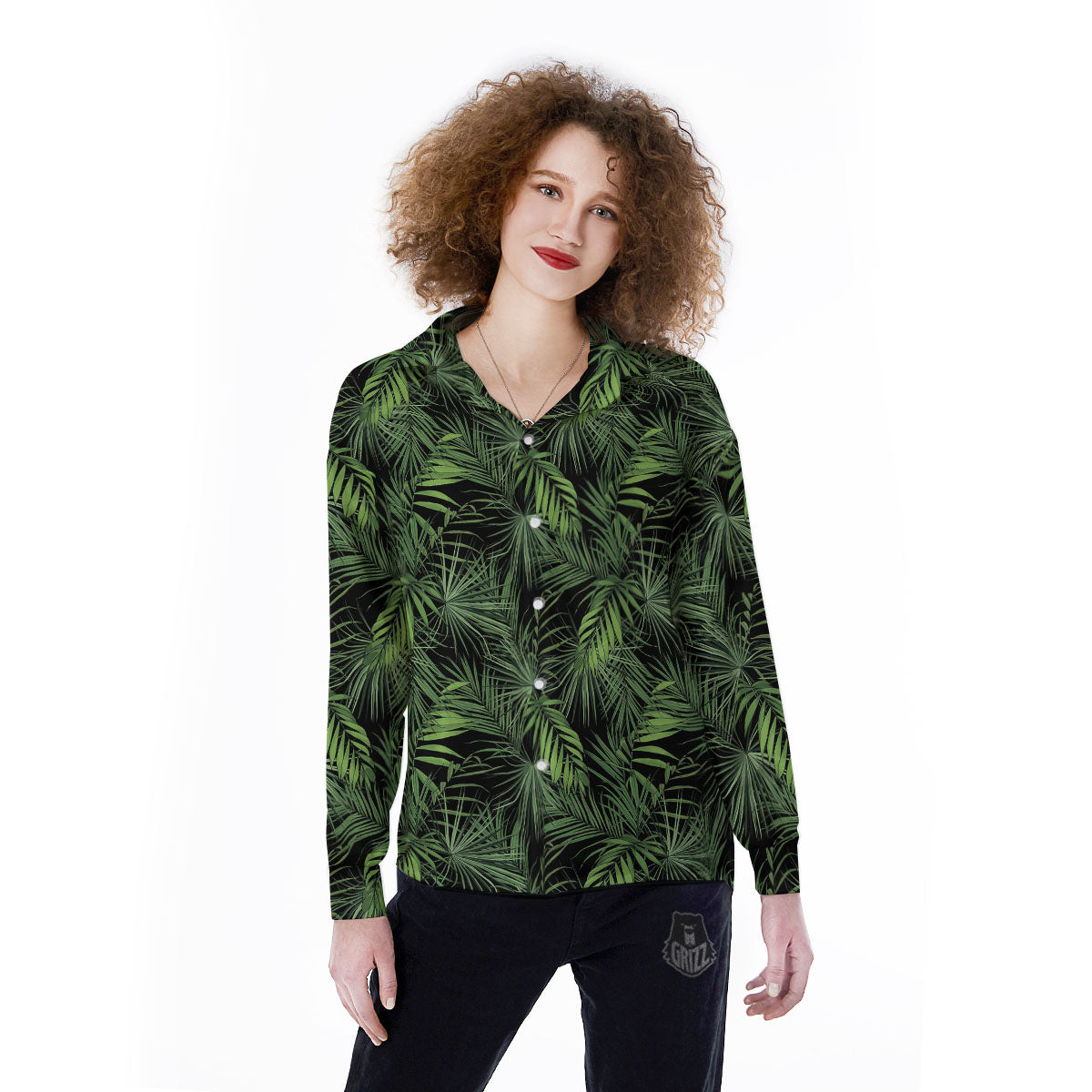Palm Leaf Night Tropical Print Pattern Women's Long Sleeve Shirts-grizzshop