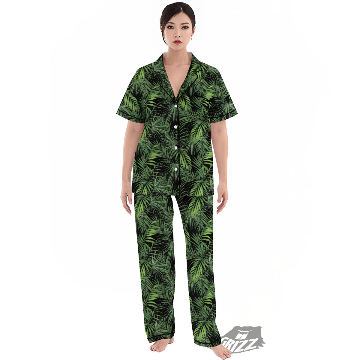 Palm Leaf Night Tropical Print Pattern Women's Pajamas Set-grizzshop