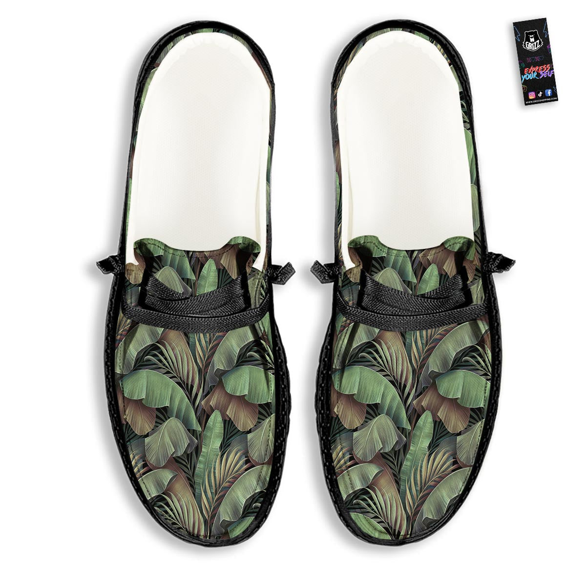 Palm Leaf Tropical Banana Print Pattern Black Loafers-grizzshop