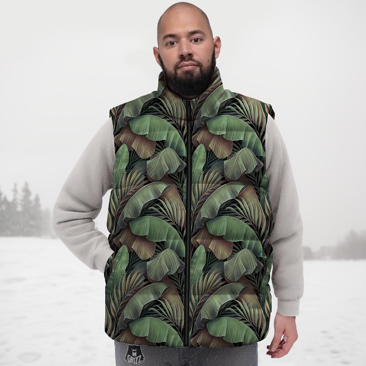 Palm Leaf Tropical Banana Print Pattern Down Vest