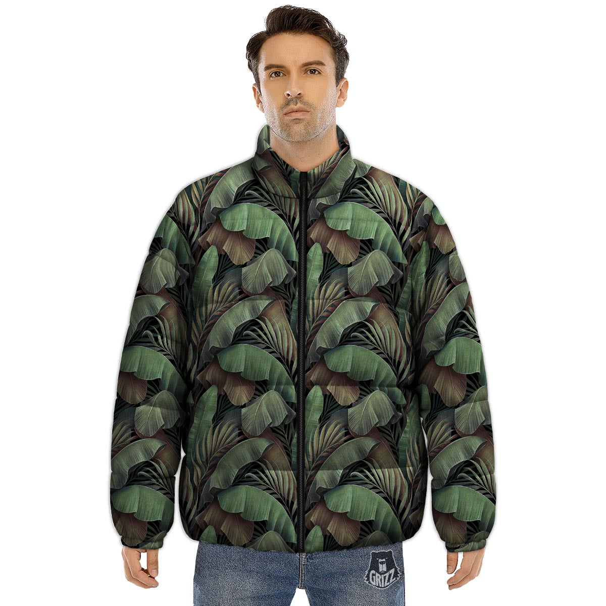 Palm Leaf Tropical Banana Print Pattern Puffer Jacket-grizzshop