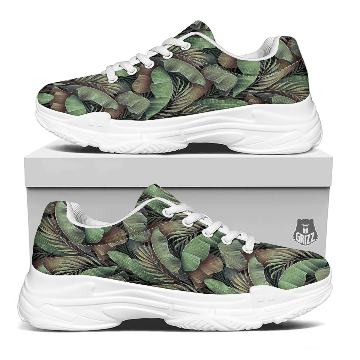 Palm Leaf Tropical Banana Print Pattern White Chunky Shoes-grizzshop