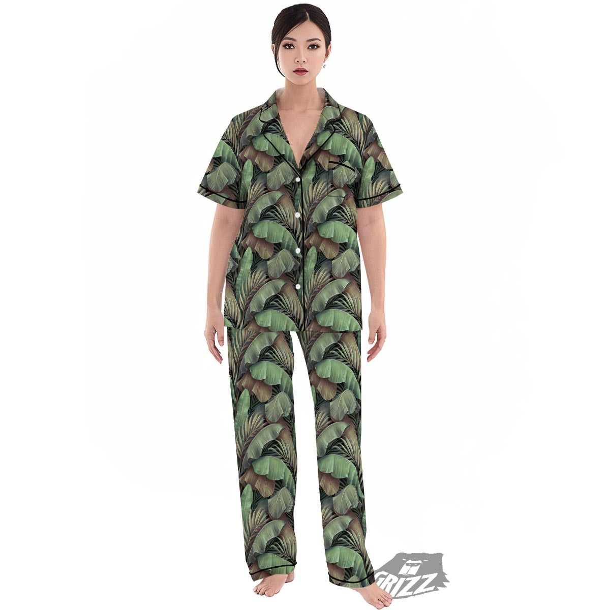 Palm Leaf Tropical Banana Print Pattern Women's Pajamas Set-grizzshop