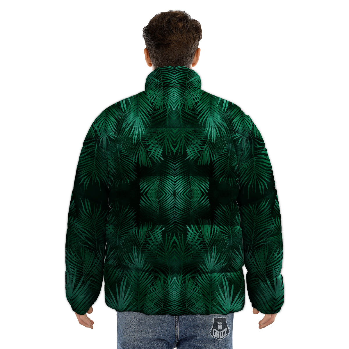 Palm Leaf Tropical Print Pattern Puffer Jacket-grizzshop