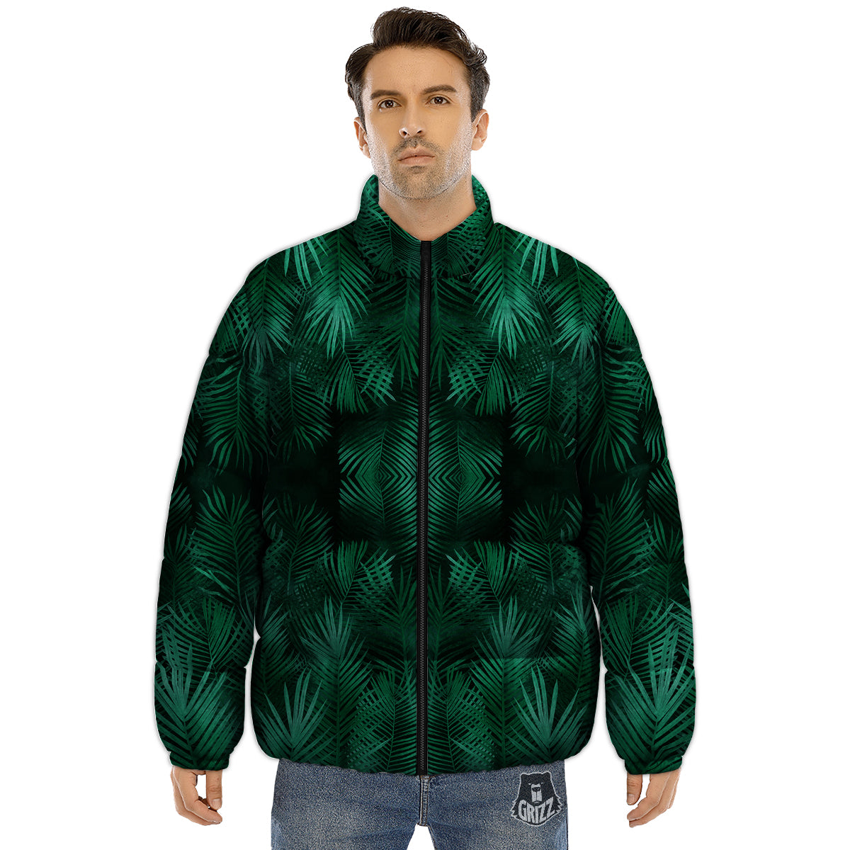 Palm Leaf Tropical Print Pattern Puffer Jacket-grizzshop