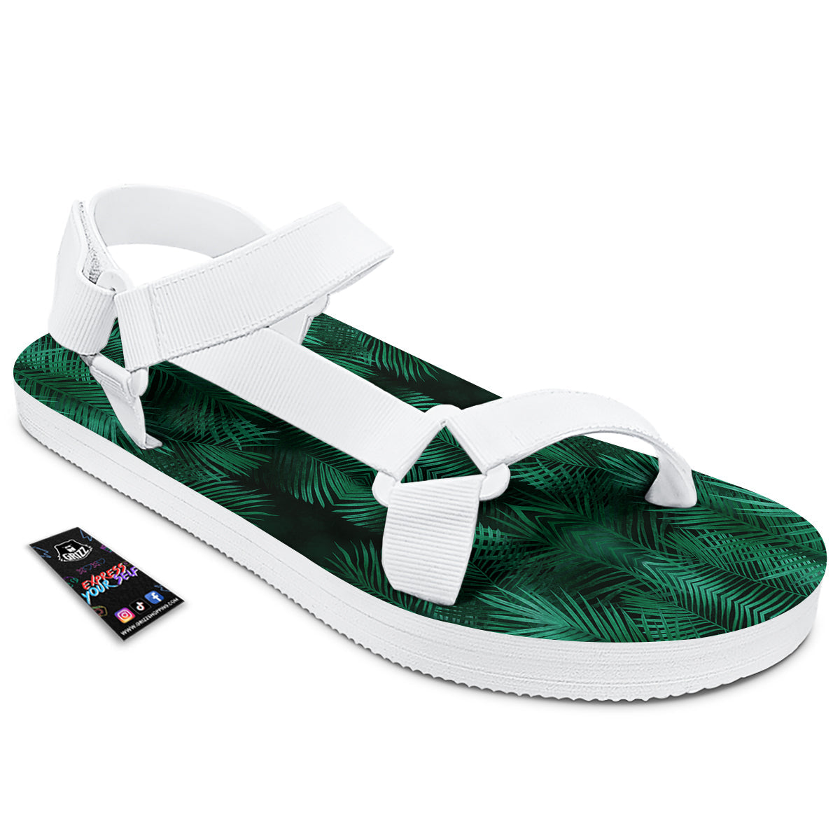 Palm Leaf Tropical Print Pattern White Open Toe Sandals-grizzshop