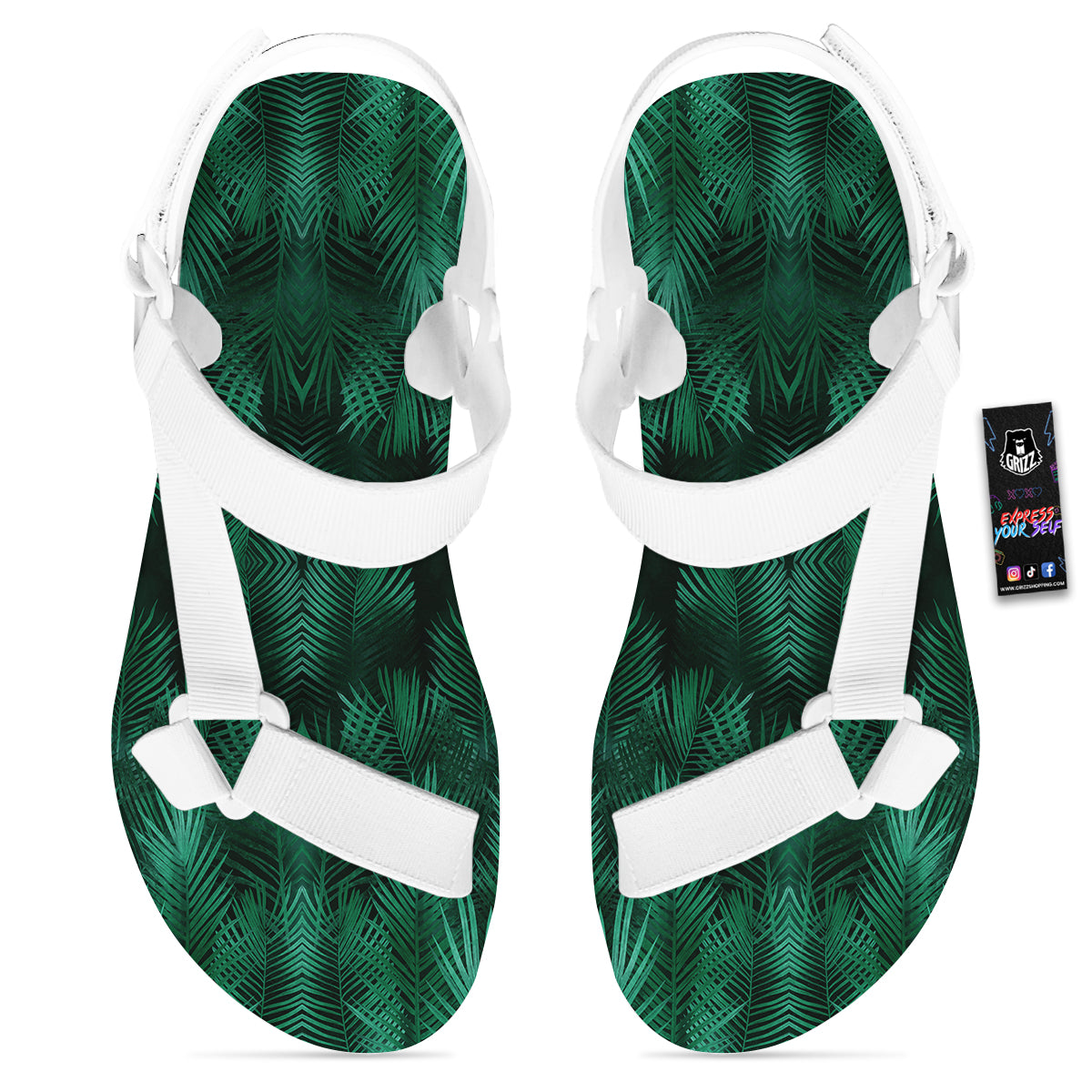 Palm Leaf Tropical Print Pattern White Open Toe Sandals-grizzshop