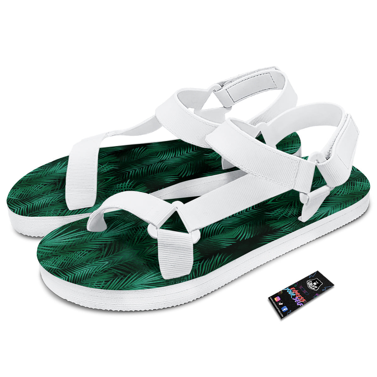 Palm Leaf Tropical Print Pattern White Open Toe Sandals-grizzshop