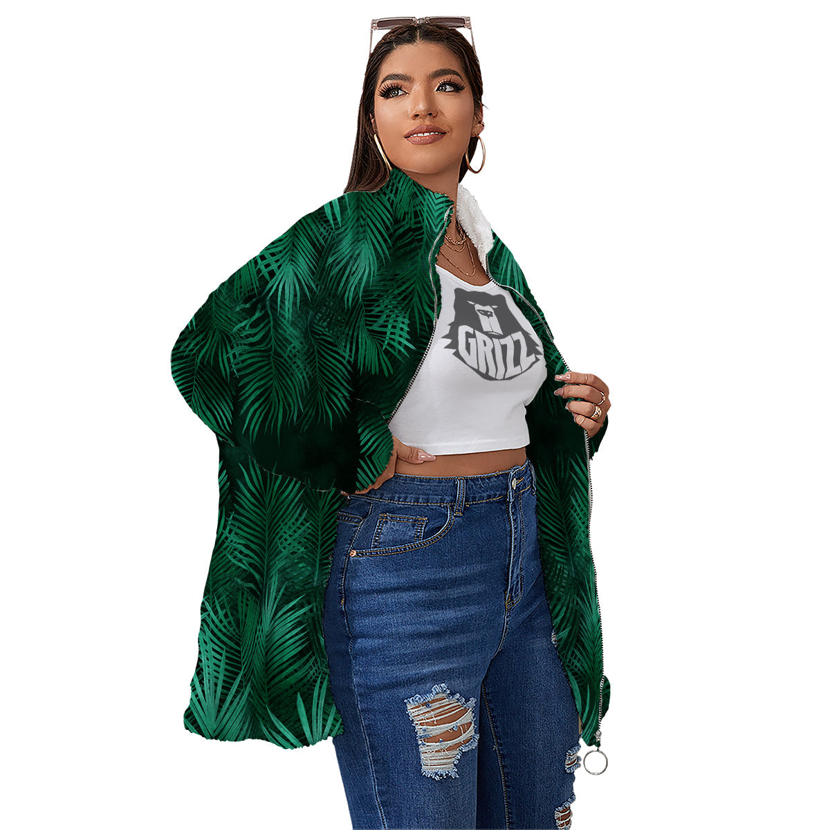Palm Leaf Tropical Print Pattern Women's Sherpa Jacket-grizzshop