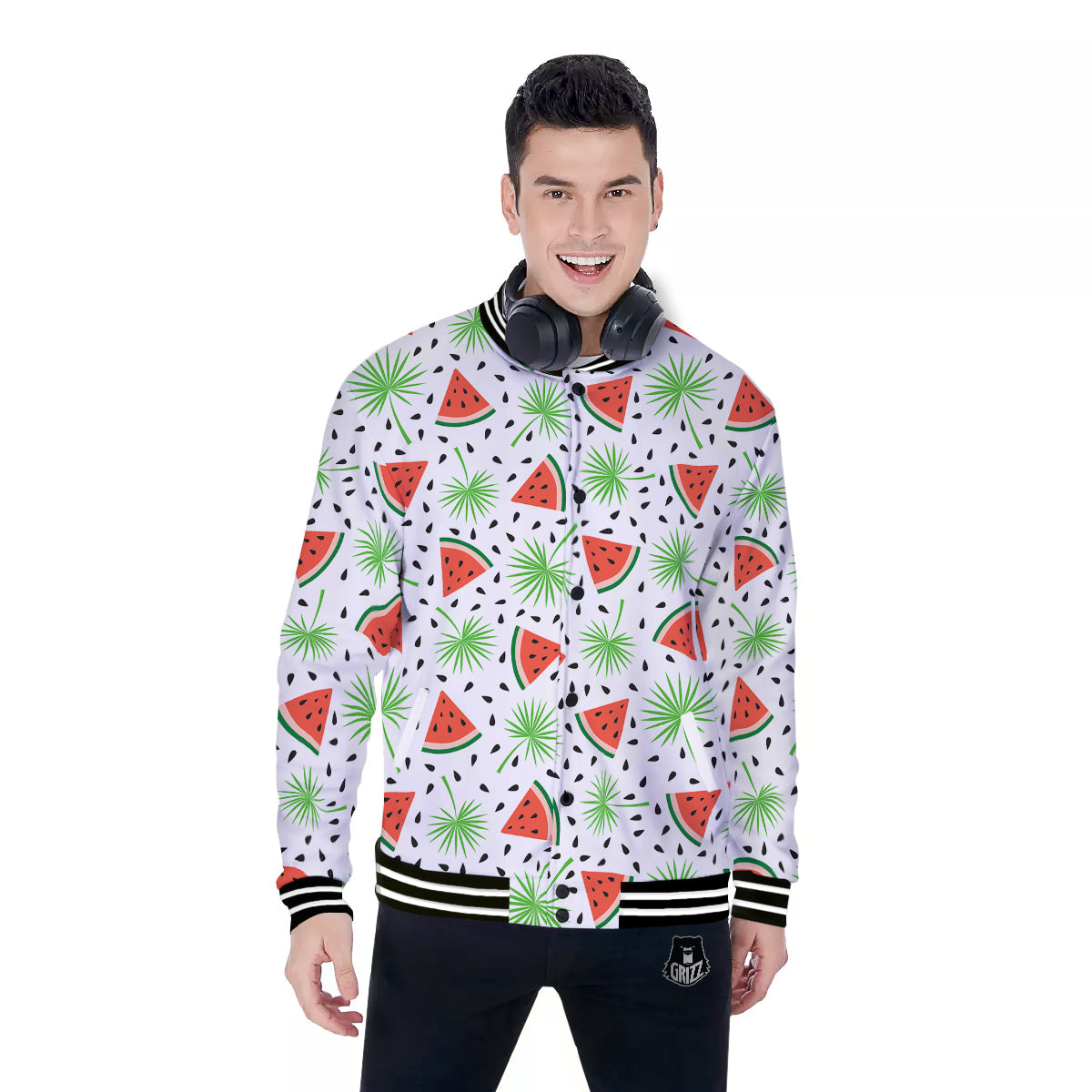 Palm Leaf Watermelon White Print Pattern Baseball Jacket-grizzshop
