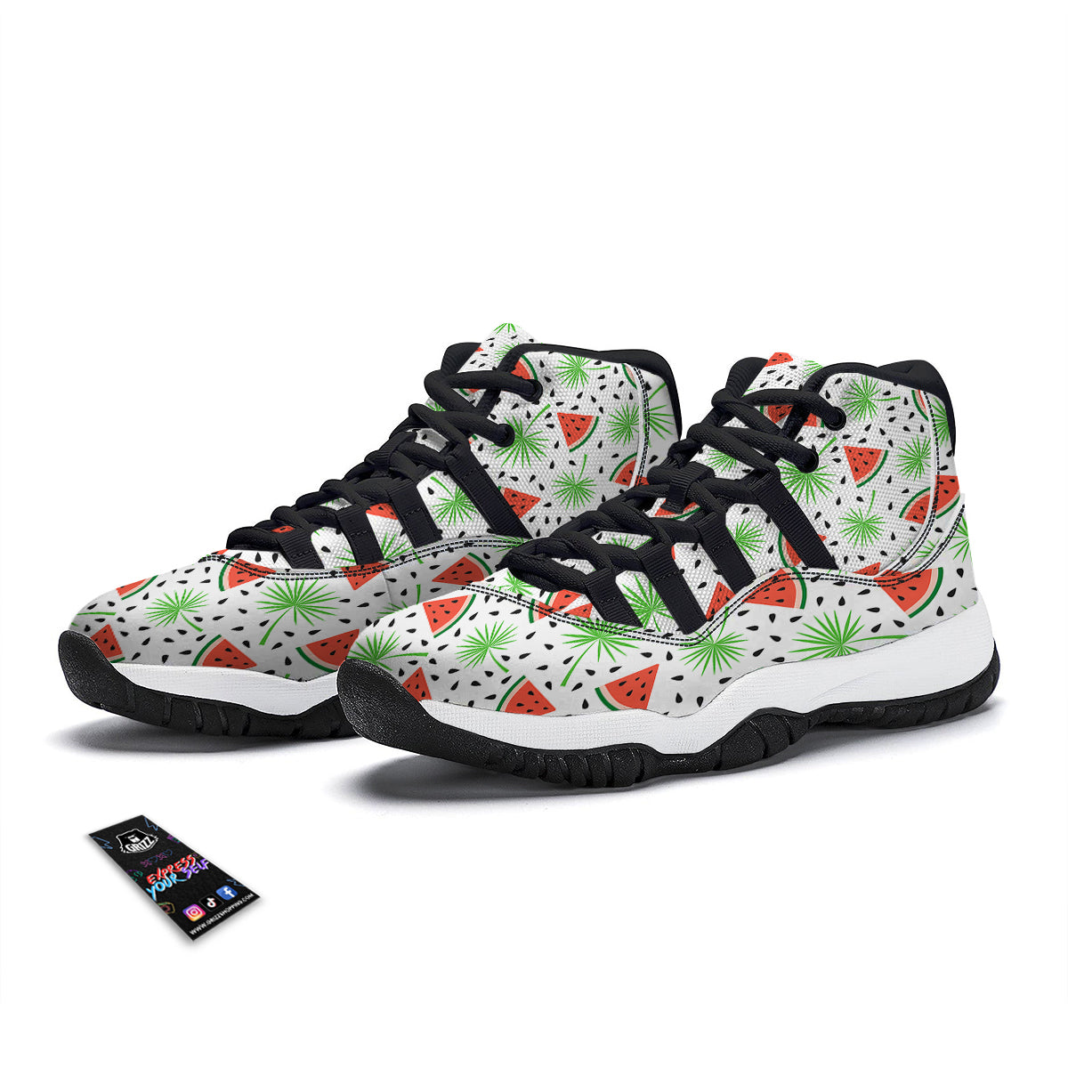 Palm Leaf Watermelon White Print Pattern Black Bball Shoes-grizzshop