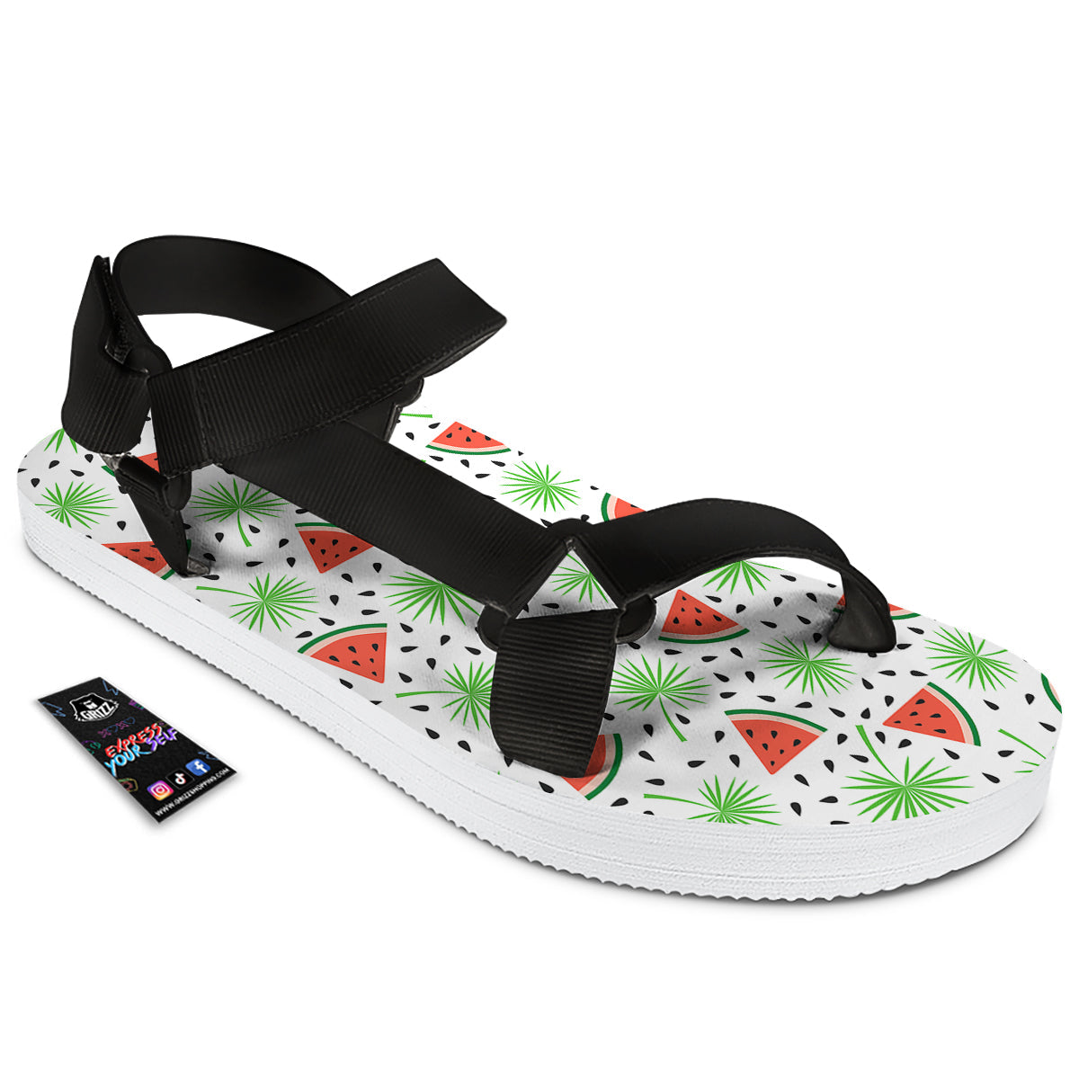 Palm Leaf Watermelon White Print Pattern Black Open Toe Sandals-grizzshop