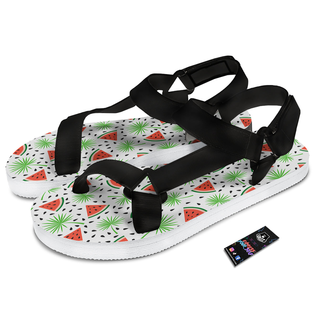 Palm Leaf Watermelon White Print Pattern Black Open Toe Sandals-grizzshop