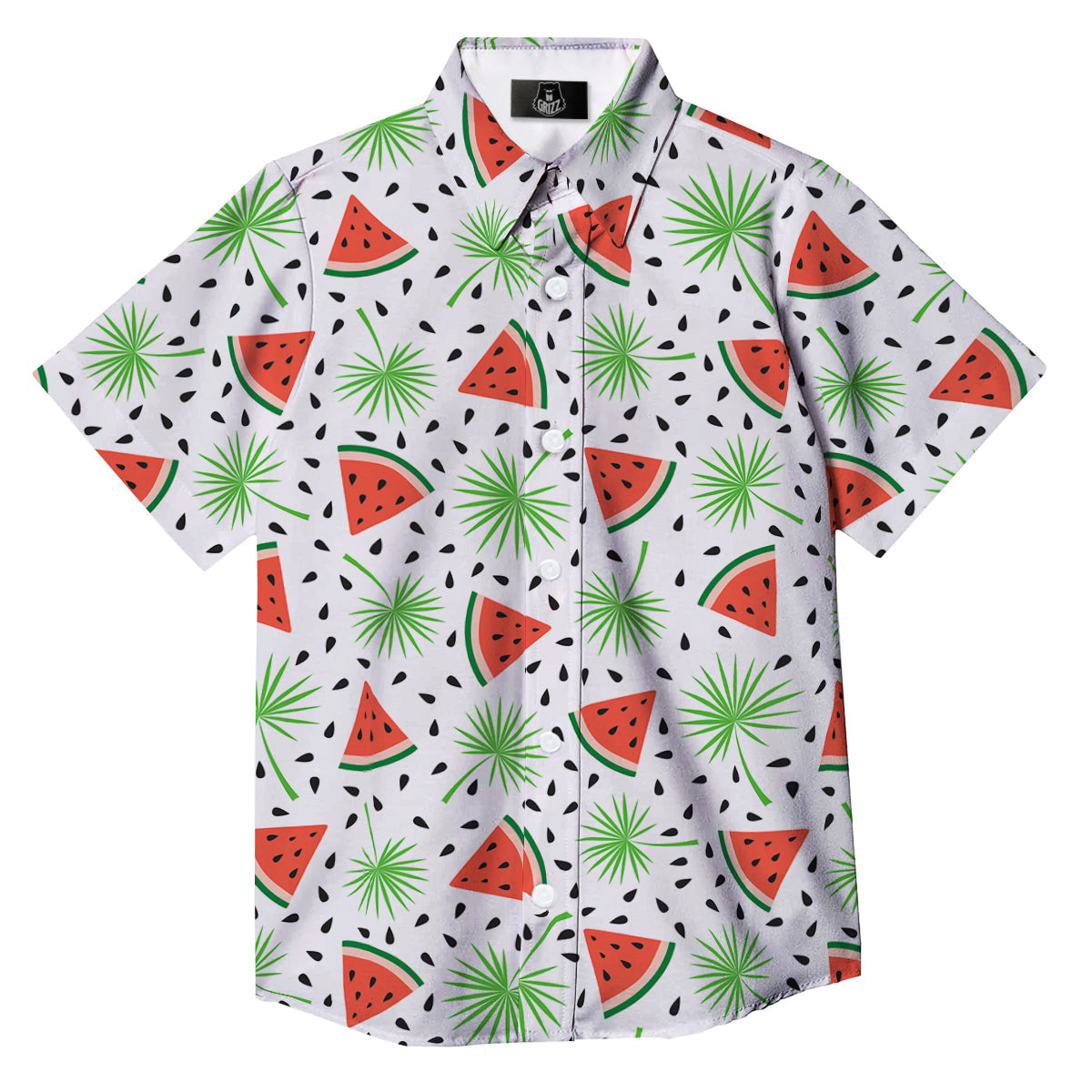 Palm Leaf Watermelon White Print Pattern Button Up Shirt-grizzshop