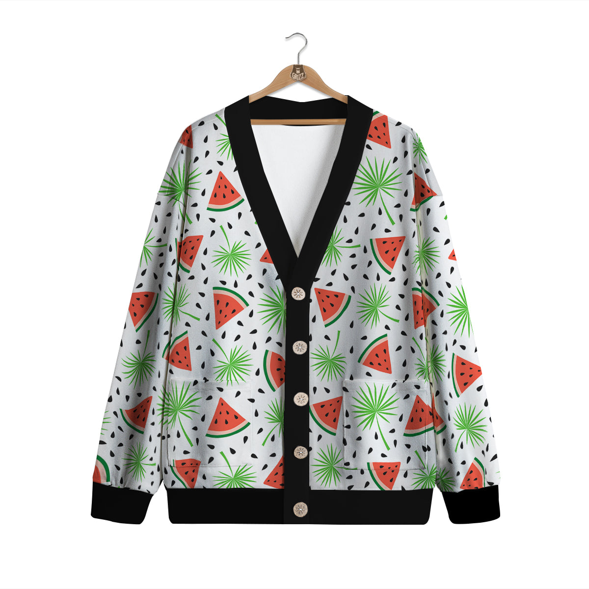 Palm Leaf Watermelon White Print Pattern Cardigan-grizzshop