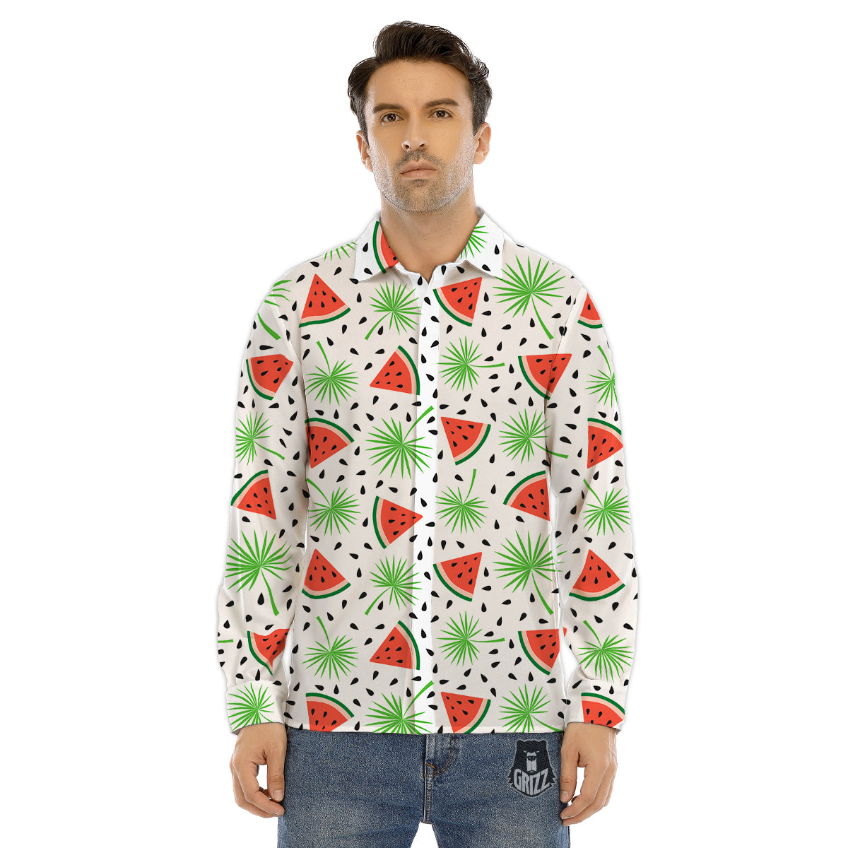 Palm Leaf Watermelon White Print Pattern Men's Dress Shirts-grizzshop