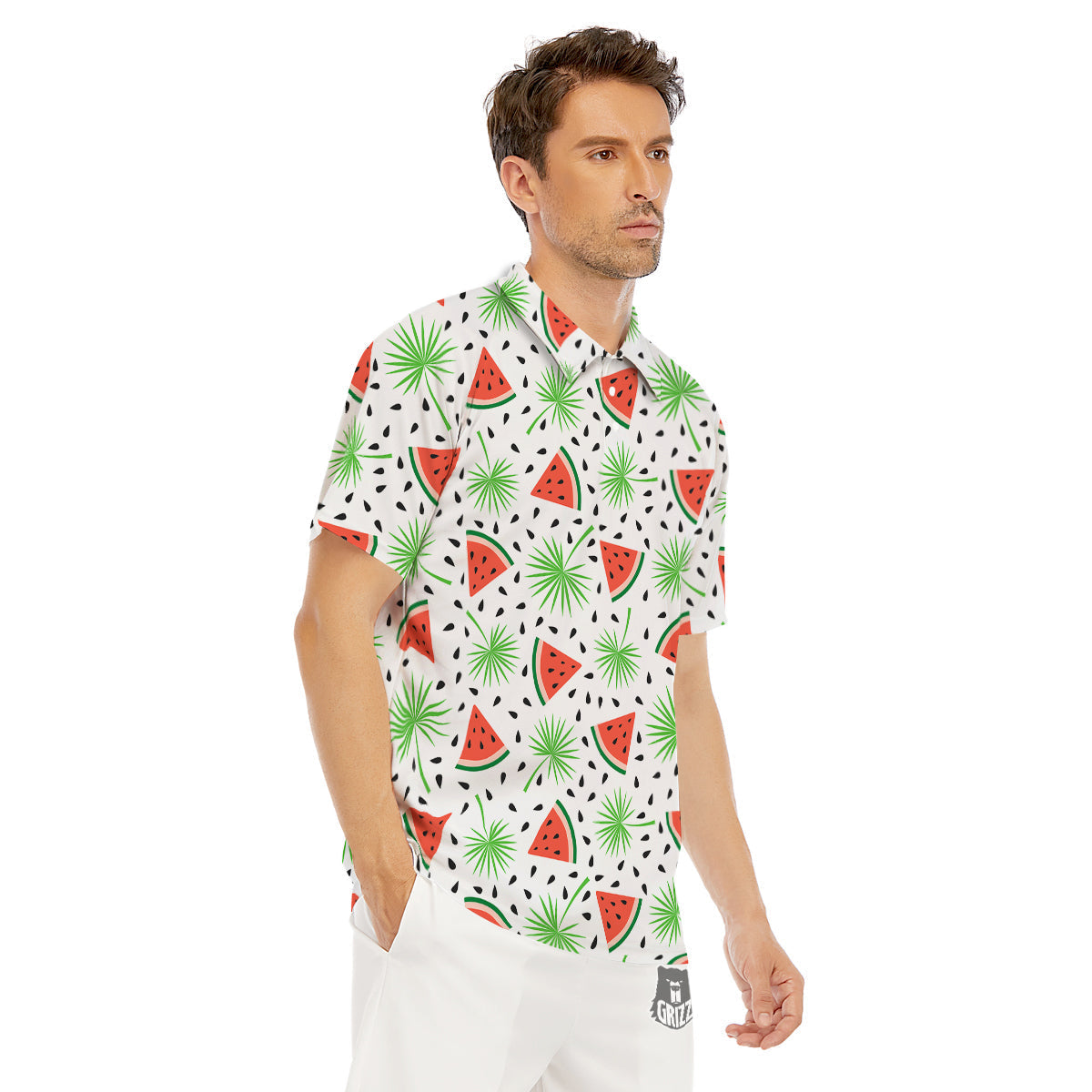 Palm Leaf Watermelon White Print Pattern Men's Golf Shirts-grizzshop