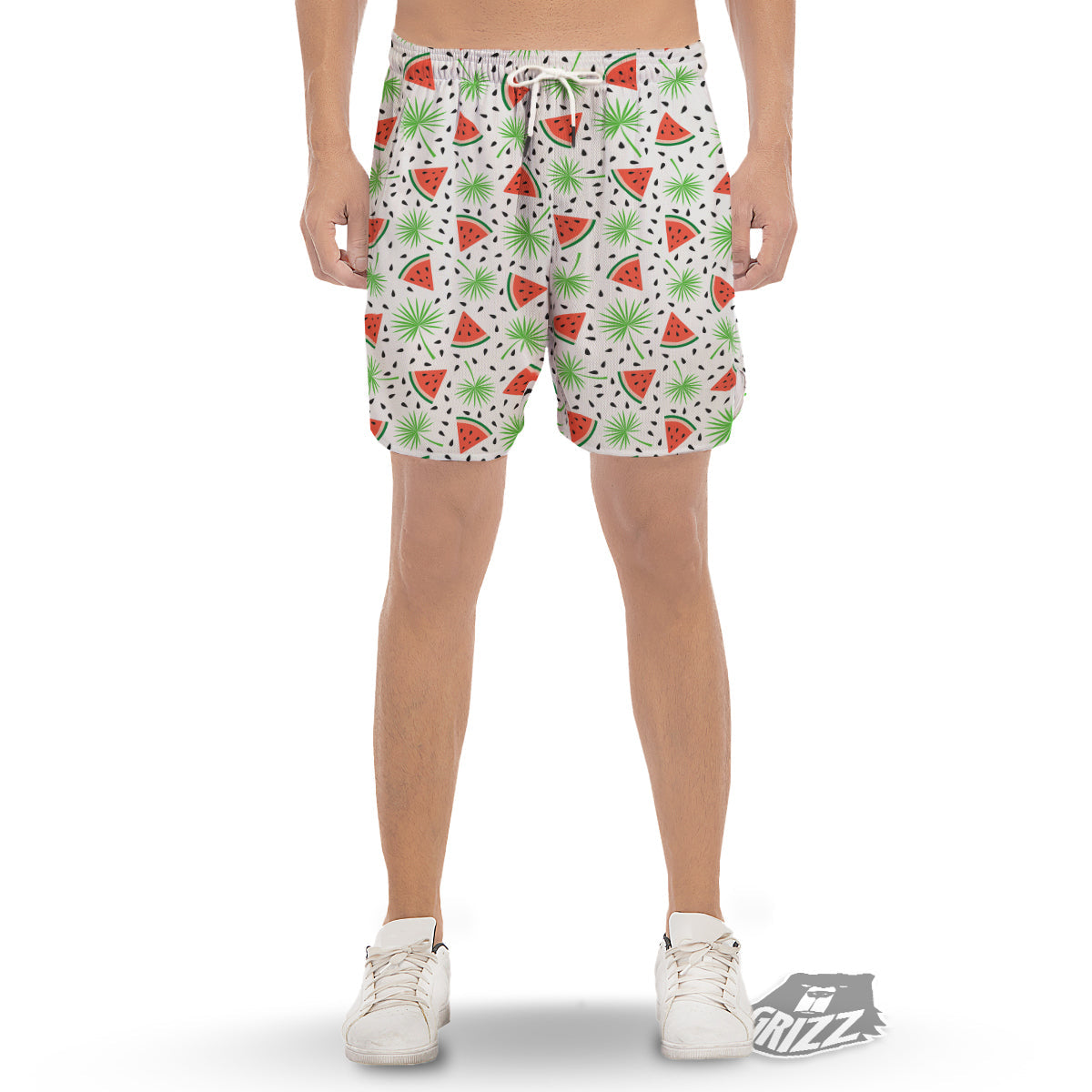 Palm Leaf Watermelon White Print Pattern Men's Gym Shorts-grizzshop