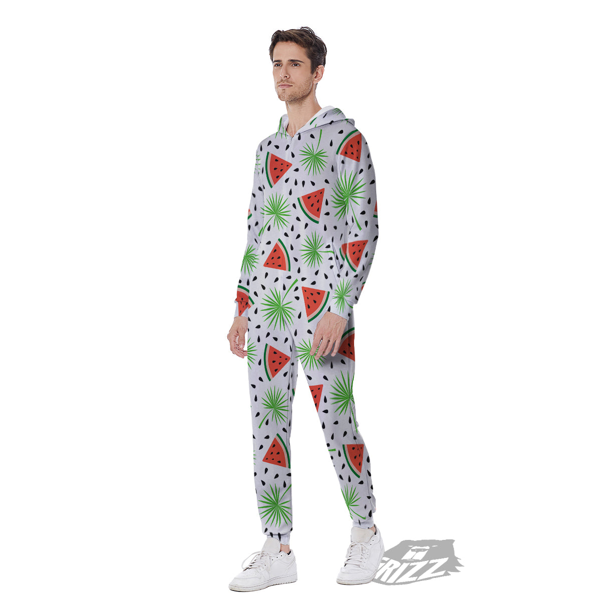 Palm Leaf Watermelon White Print Pattern Men's Jumpsuit-grizzshop