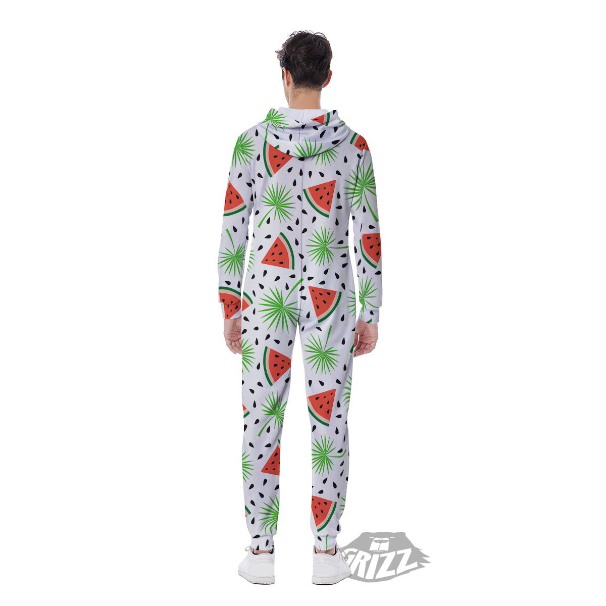 Palm Leaf Watermelon White Print Pattern Men's Jumpsuit-grizzshop