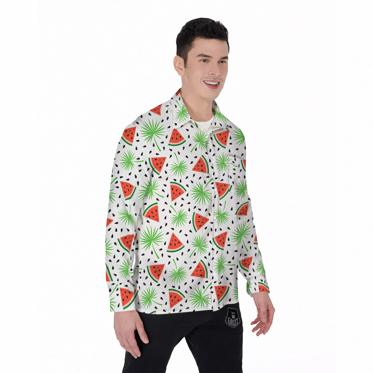 Palm Leaf Watermelon White Print Pattern Men's Long Sleeve Shirts-grizzshop