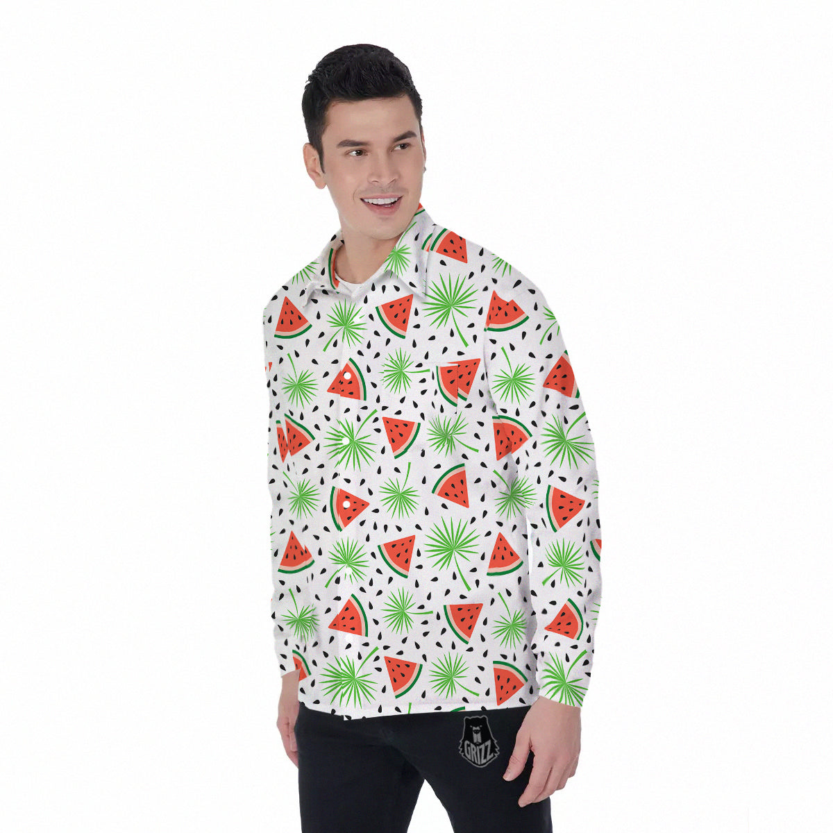 Palm Leaf Watermelon White Print Pattern Men's Long Sleeve Shirts-grizzshop
