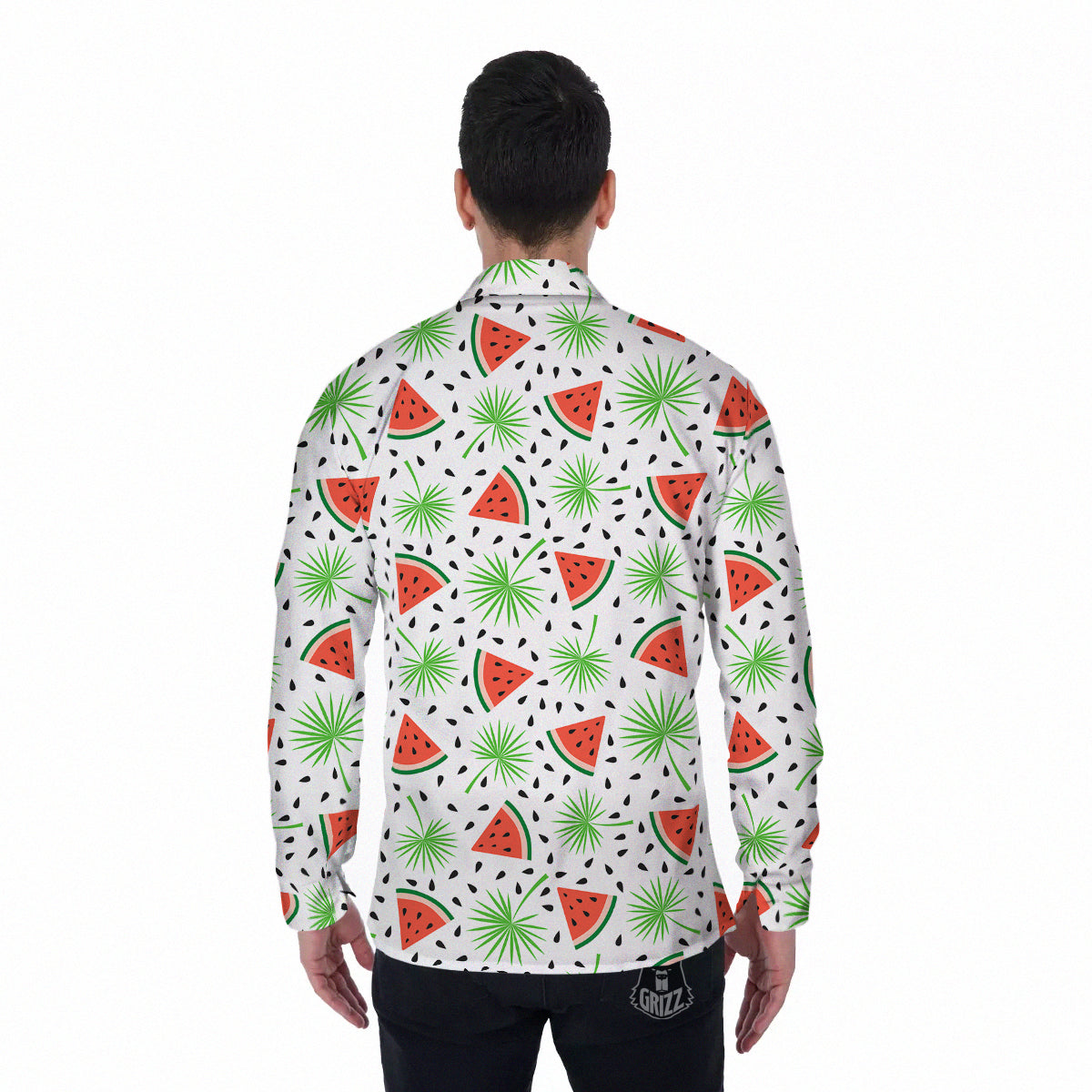 Palm Leaf Watermelon White Print Pattern Men's Long Sleeve Shirts-grizzshop