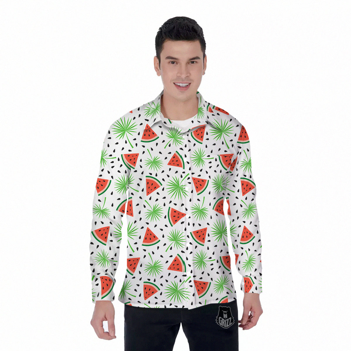Palm Leaf Watermelon White Print Pattern Men's Long Sleeve Shirts-grizzshop